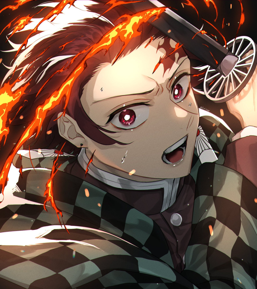 1boy anasa3 black_hair black_jacket bright_pupils checkered_haori earrings fire flaming_sword flaming_weapon gradient_hair haori highres holding holding_sword holding_weapon jacket japanese_clothes jewelry kamado_tanjirou katana kimetsu_no_yaiba long_sleeves lower_teeth male_focus multicolored_hair official_style parted_lips red_eyes redhead scar scar_on_face scar_on_forehead solo spiky_hair sweatdrop sword teeth tongue twitter_username upper_body upper_teeth weapon white_pupils