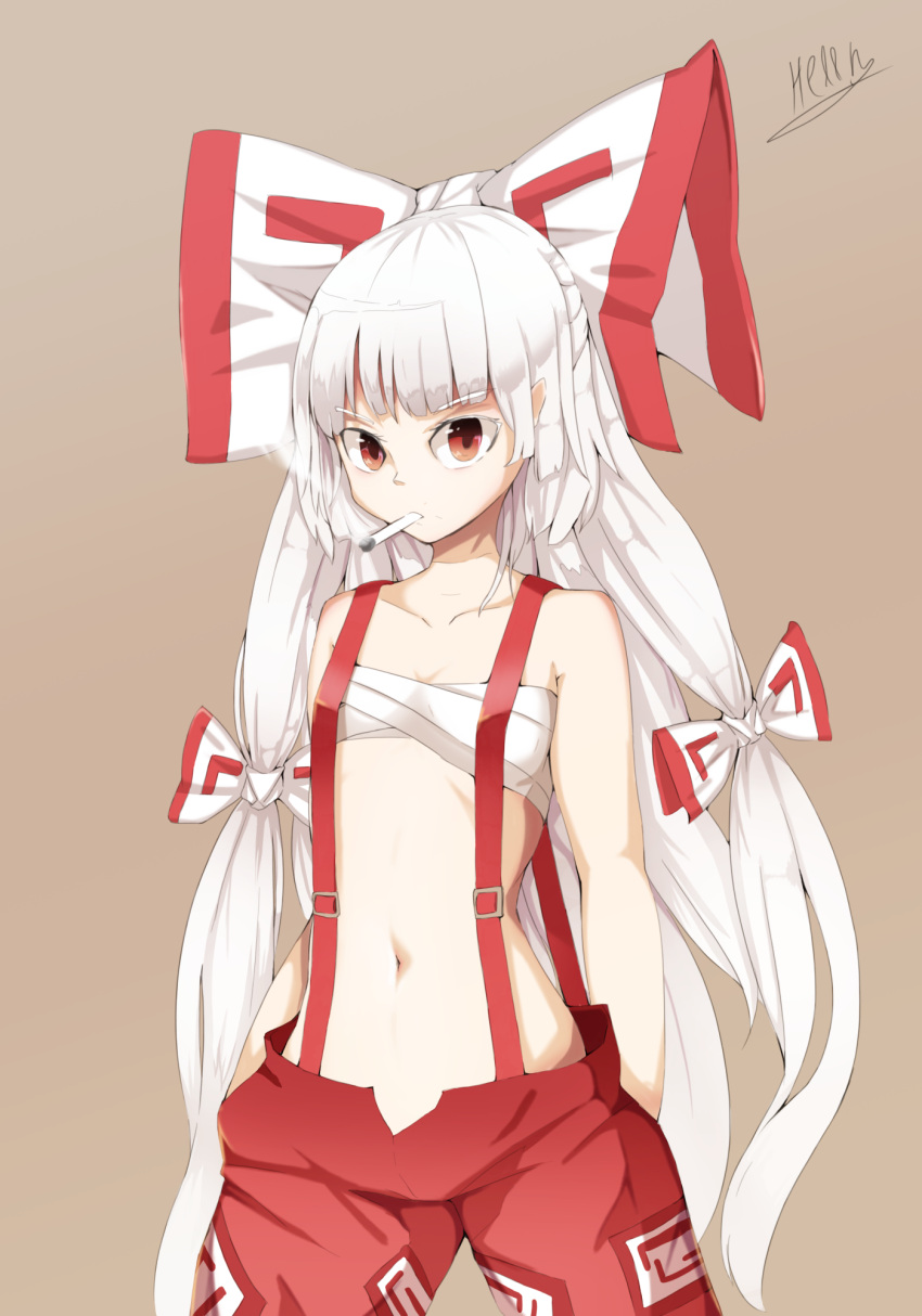 1girl baggy_pants bangs bare_shoulders bow chest_sarashi cigarette collarbone eyebrows_visible_through_hair fujiwara_no_mokou grey_background hair_bow hand_in_pocket hell.k highres long_hair midriff navel ofuda ofuda_on_clothes open_fly pants red_eyes red_pants sarashi simple_background stomach suspenders touhou very_long_hair white_bow white_hair wings