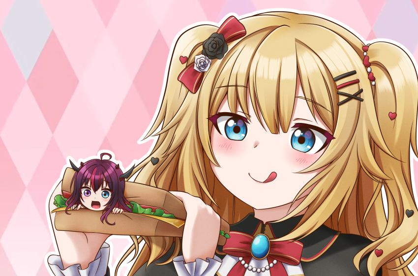 2girls :q absurdres ahoge akai_haato blonde_hair blush bow commentary english_commentary food hair_ornament heart heart_hair_ornament heterochromia highres holding holding_food hololive hololive_english horns irys_(hololive) jan_azure licking_lips long_hair minigirl multiple_girls red_bow sandwich smile surprised tongue tongue_out two_side_up violet_eyes virtual_youtuber you_gonna_get_eaten