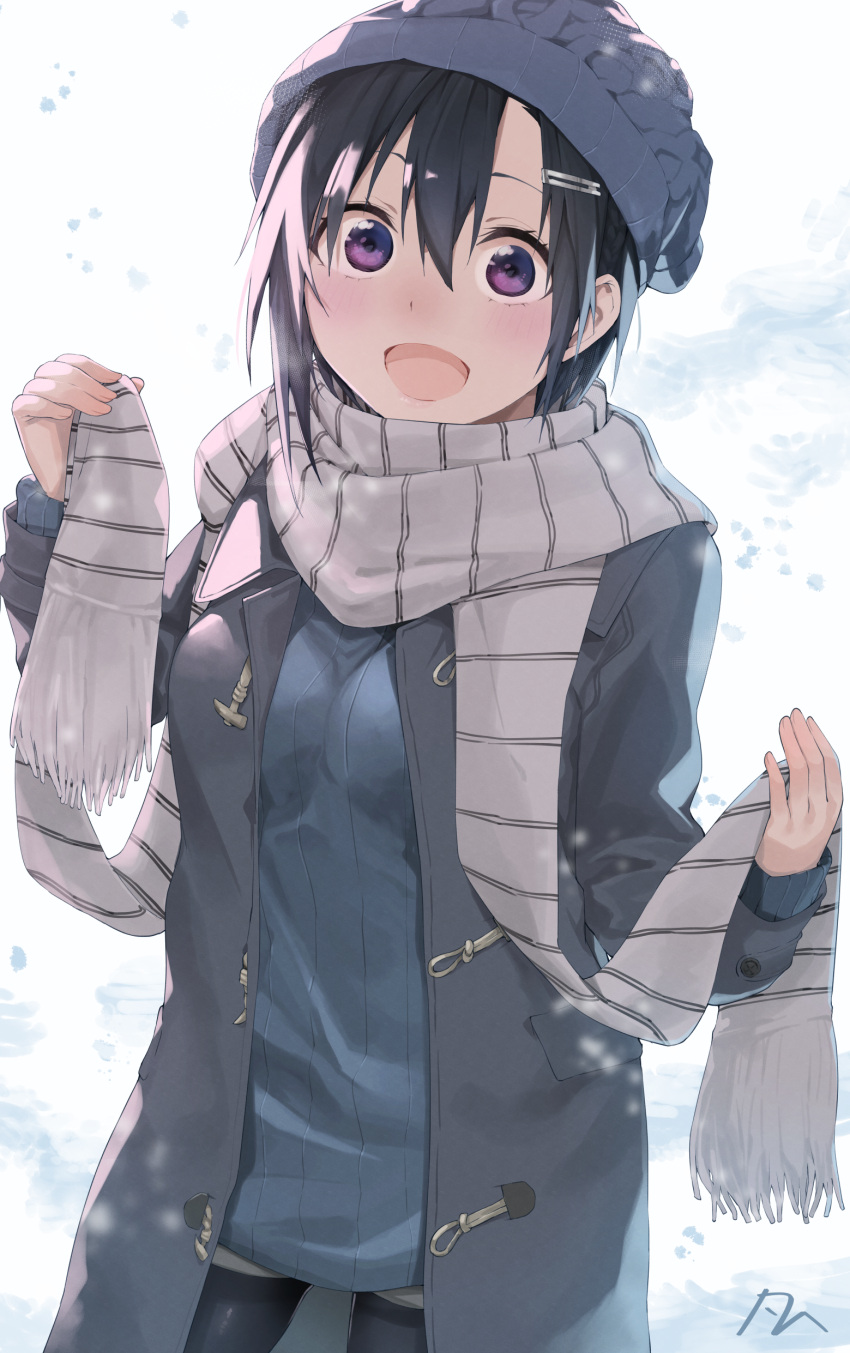 1girl absurdres black_hair black_legwear blush bokutachi_no_remake character_request eyebrows_visible_through_hair hair_ornament hairclip highres looking_at_viewer open_mouth pantyhose scarf short_hair smile snow snowing solo violet_eyes white_scarf yanngoto