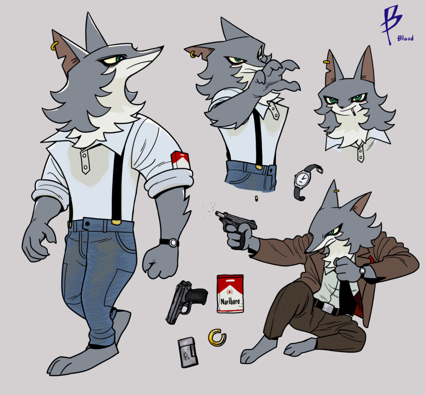 1boy belt black_necktie bright_pupils brown_suit character_sheet cigarette cigarette_pack claws closed_mouth denim earrings firing formal furry furry_male golaegun green_eyes grey_background gun handgun highres holding holding_weapon jeans jewelry lighter male_focus mouth_hold multiple_views necktie no_shoes original overalls pants pistol shell_casing simple_background sleeves_rolled_up smile suit watch watch weapon white_pupils wolf_boy