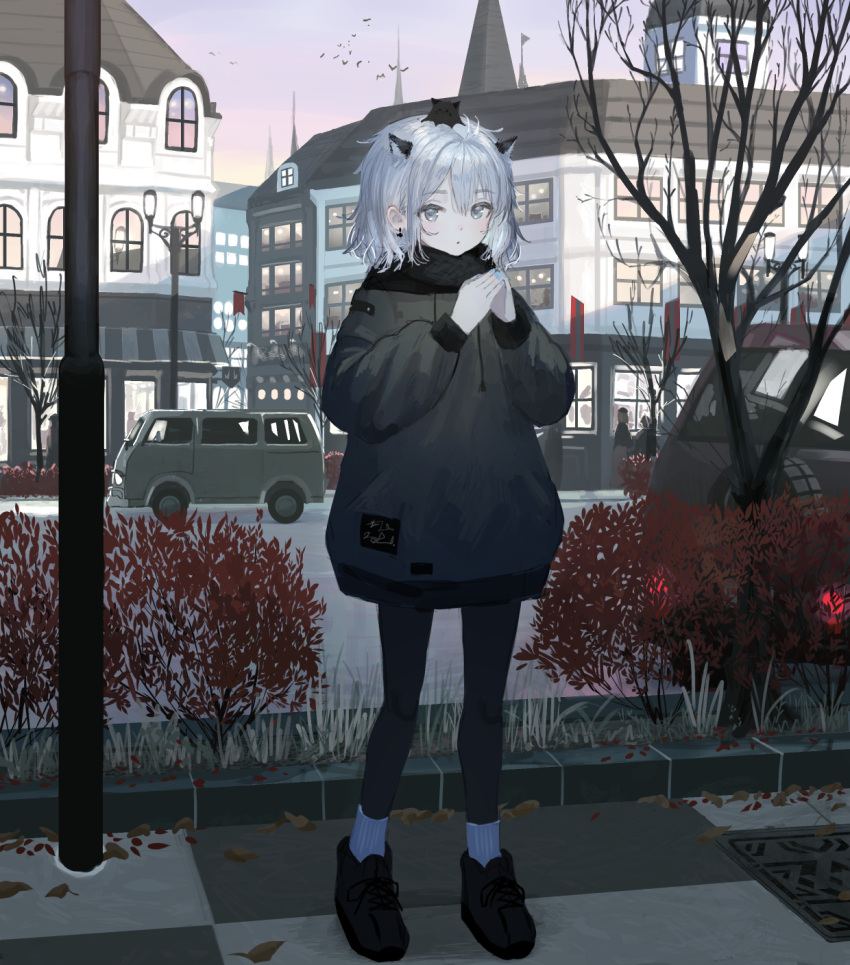 1girl :o animal_ears arawado bare_tree black_footwear black_hoodie black_legwear blue_nails building commentary drawstring english_commentary extra_ears grey_eyes grey_hair ground_vehicle highres hood hood_down hoodie lamppost long_sleeves looking_at_viewer motor_vehicle nail_polish on_head original outdoors pantyhose parted_lips puffy_long_sleeves puffy_sleeves ribbed_legwear shoes socks solo_focus steepled_fingers sunset tree van white_legwear window