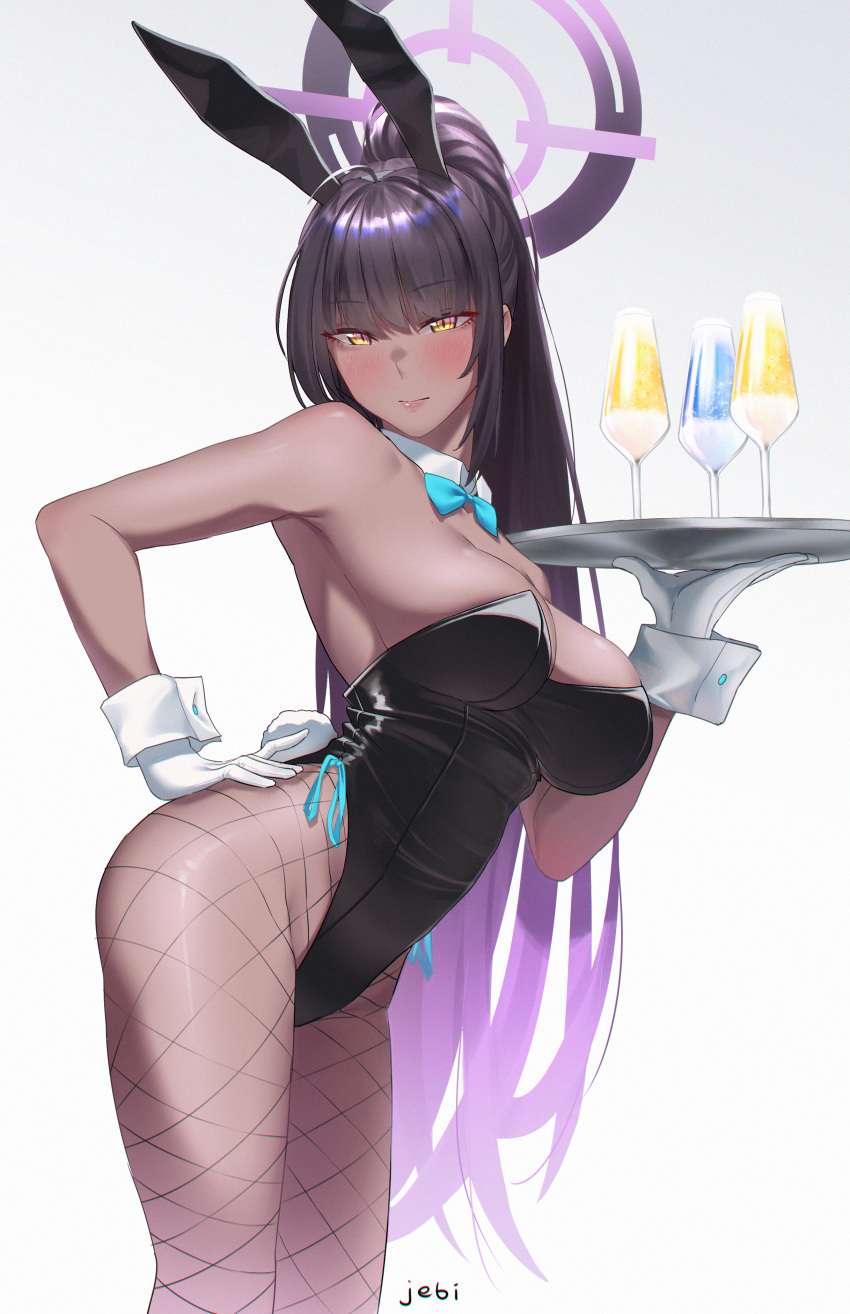 1girl absurdres animal_ears bare_shoulders black_hair black_leotard blue_archive blue_bow blue_bowtie blush bow bowtie breasts closed_mouth dark-skinned_female dark_skin detached_collar fishnet_legwear fishnets gloves halo hand_on_hip highres holding holding_tray jebi karin_(blue_archive) large_breasts leaning_forward leotard long_hair multicolored_hair playboy_bunny ponytail purple_hair rabbit_ears rabbit_tail solo tail thighs tray two-tone_hair very_long_hair white_gloves wrist_cuffs yellow_eyes