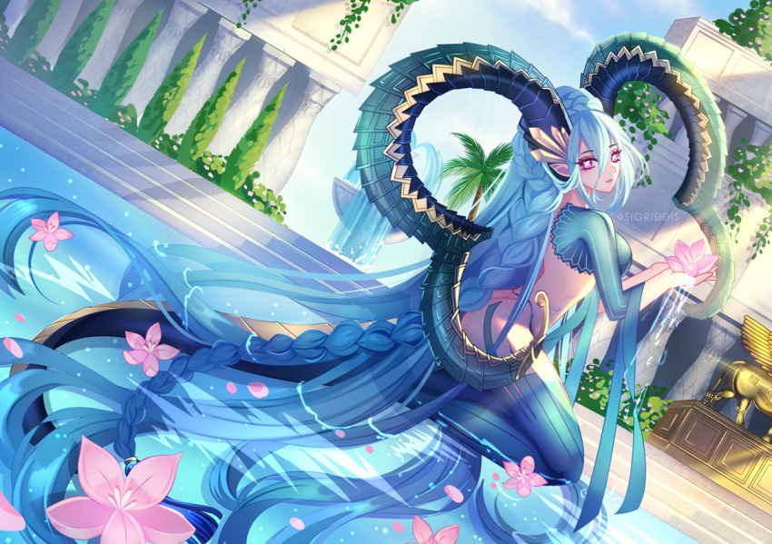 1girl absurdly_long_hair blue_hair blue_legwear blue_sky blue_sleeves braid curled_horns day detached_sleeves dragon_girl dragon_horns dragon_tail english_commentary fate/grand_order fate_(series) flower hair_between_eyes holding holding_flower horns long_hair long_horns looking_at_viewer looking_back outdoors pink_flower pointy_ears sigriddis sky solo symbol-shaped_pupils tail thigh-highs tiamat_(fate) twitter_username very_long_hair violet_eyes water x_x