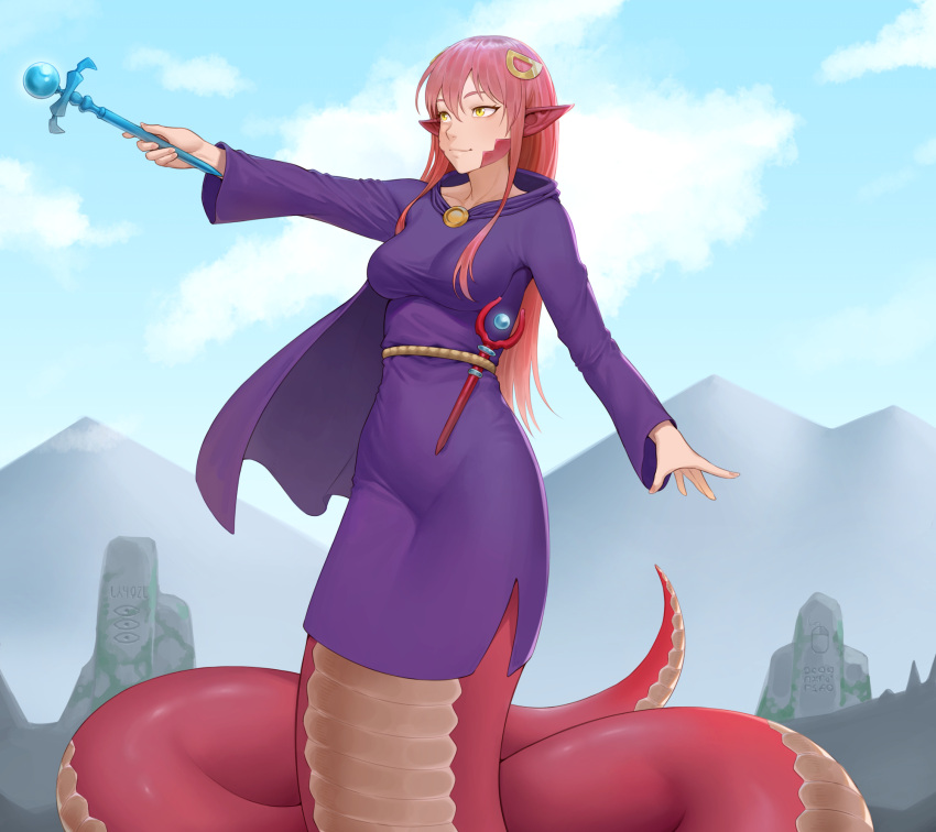 1girl cape cheshirrr clouds collarbone commission commissioner_upload fingernails highres lamia long_hair miia_(monster_musume) monster_girl monster_musume_no_iru_nichijou outdoors redhead scales slit_pupils solo wand yellow_eyes