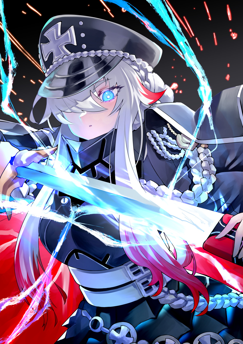 1girl absurdres armor armored_skirt azur_lane black_coat black_headwear blue_eyes breastplate coat coat_on_shoulders hair_over_one_eye hat highres holding holding_sheath holding_sword holding_weapon long_hair looking_at_viewer magic military_hat multicolored_hair odin_(azur_lane) open_clothes open_coat peaked_cap redhead sheath solo streaked_hair sword take_yaki two-tone_hair unsheathing upper_body weapon white_hair wing_collar