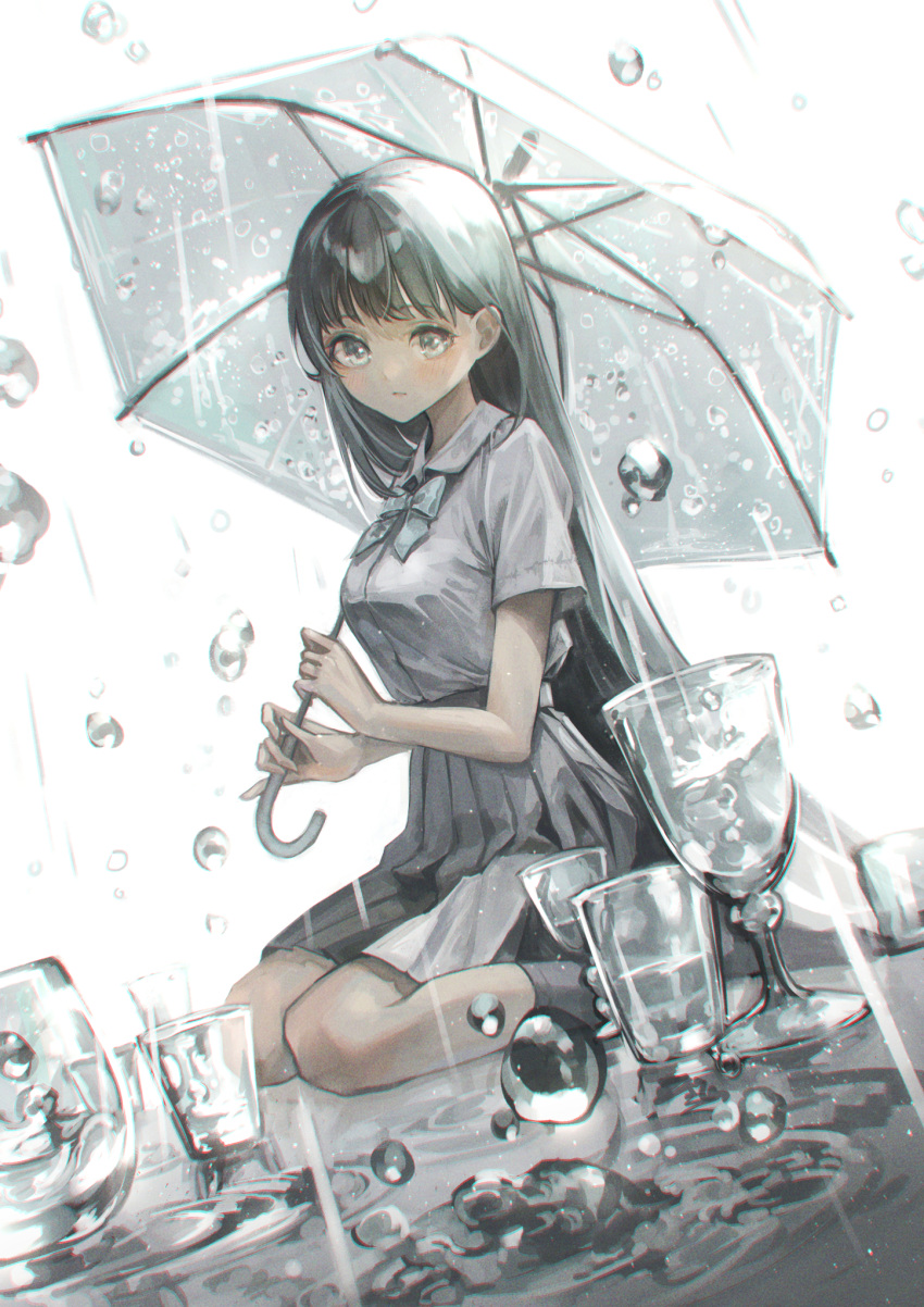 1girl bangs blush bow bowtie breasts chromatic_aberration closed_mouth collared_shirt commentary cup drinking_glass english_commentary eyebrows_visible_through_hair glass grey_bow grey_bowtie grey_eyes grey_hair grey_shirt grey_skirt hands_up highres holding holding_umbrella long_hair looking_at_viewer marutani medium_breasts original pleated_skirt rain school_uniform shirt sitting skirt solo transparent transparent_umbrella umbrella very_long_hair water water_drop white_background