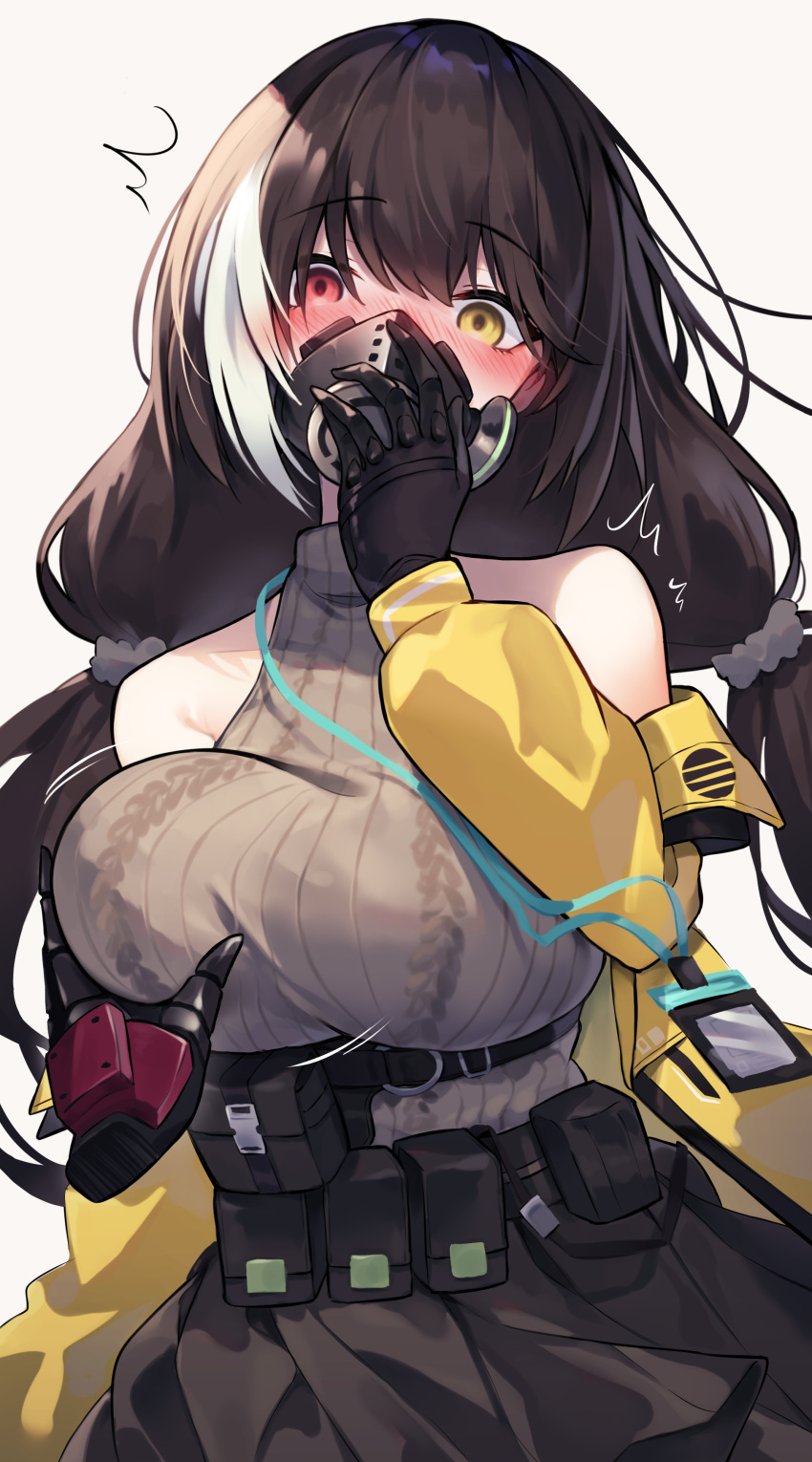 1girl absurdres bangs bare_shoulders belt black_gloves black_skirt blush breast_grab breasts brown_hair commentary_request diieru disembodied_limb embarrassed eyebrows_visible_through_hair gas_mask girls_frontline gloves grabbing hair_between_eyes hand_up heterochromia highres id_card jacket lanyard large_breasts long_hair looking_at_viewer mask multicolored_hair open_clothes open_jacket red_eyes ro635_(girls'_frontline) skirt sleeveless sleeveless_sweater solo_focus streaked_hair sweater twintails utility_belt white_hair yellow_eyes yellow_jacket