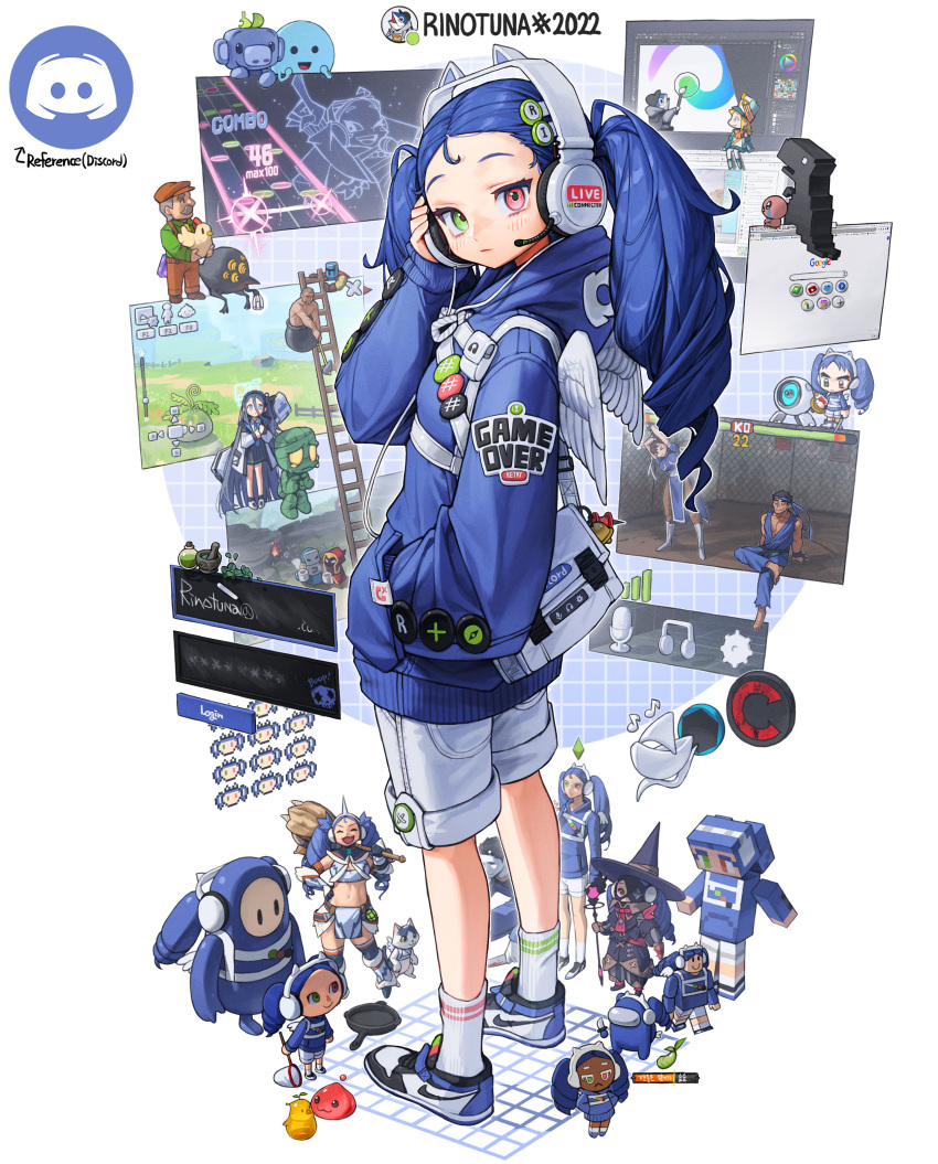 1girl absurdres air_jordan air_jordan_1 among_us amumu animal_crossing arisu_(blue_archive) artist_name artist_self-insert asymmetrical_legwear bag big_bird_(lobotomy_corporation) blue_archive blue_hair blue_hoodie blue_shorts blue_theme breasts chrome_(browser) chun-li closed_mouth cookie_run diogenes_(getting_over_it) discord eighth_note fall_guy fall_guys felyne final_fantasy final_fantasy_xiv from_side full_body genshin_impact getting_over_it green_eyes guitar_hero hand_in_pocket hand_on_headset headset heterochromia highres holding holding_microphone hood hood_down hoodie impostor_(among_us) isaac_(the_binding_of_isaac) jump_king jump_king_(character) ladder league_of_legends lewis_(stardew_valley) lobotomy_corporation long_hair looking_at_viewer looking_to_the_side mee6 messenger_bag microphone minecraft minion_(league_of_legends) monster_hunter_(series) mummy musical_note nike overwatch parody pengin_pina poring prism_project ragnarok_online red_eyes rinotuna roblox ryu_(street_fighter) shoes shorts shoulder_bag slime_(genshin_impact) small_breasts sneakers socks solo sombra_(overwatch) standing stardew_valley steve_(minecraft) street_fighter style_parody the_binding_of_isaac the_sims villager_(animal_crossing) virtual_youtuber white_bag white_legwear white_wings wings wumpus