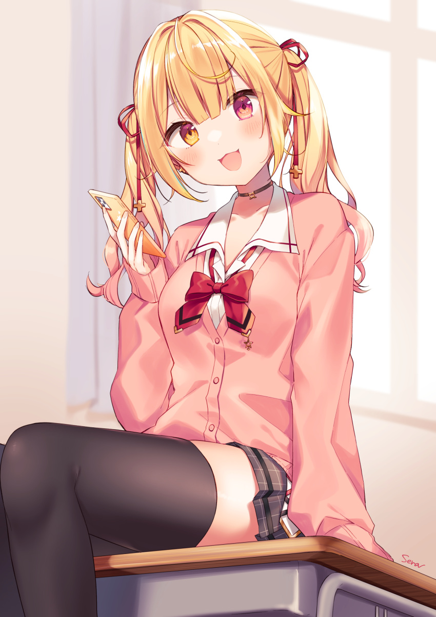 1girl :d absurdres bangs black_legwear blonde_hair blush bow breasts brown_skirt cardigan collared_shirt commentary_request desk dress_shirt eyebrows_visible_through_hair feet_out_of_frame hair_ribbon heterochromia highres hoshikawa_sara long_hair long_sleeves nijisanji on_desk pink_cardigan pleated_skirt puffy_long_sleeves puffy_sleeves red_bow red_eyes red_ribbon ribbon school_desk school_uniform shiino_sera shirt sitting sitting_on_desk skirt sleeves_past_wrists small_breasts smile solo thigh-highs twintails virtual_youtuber white_shirt window yellow_eyes