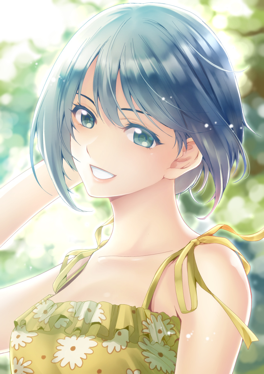 1girl absurdres bangs character_request collarbone green_eyes grin hair_between_eyes hand_in_hair highres print_shirt ribbon seo_kouji shiny shiny_hair shirt short_hair silver_hair sleeveless sleeveless_shirt smile solo upper_body yellow_ribbon yellow_shirt