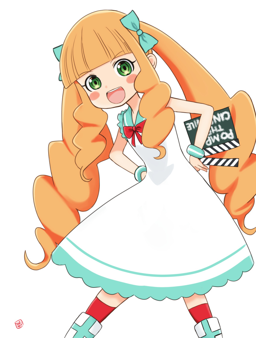 1girl :d absurdres blush_stickers bow bracelet dress eiga_daisuki_pompo-san green_bow green_eyes hair_bow highres jewelry joelle_pomponett leaning_to_the_side long_hair looking_at_viewer nao_suke open_mouth orange_hair red_bow red_legwear sidelocks simple_background smile solo twintails white_background white_dress white_footwear