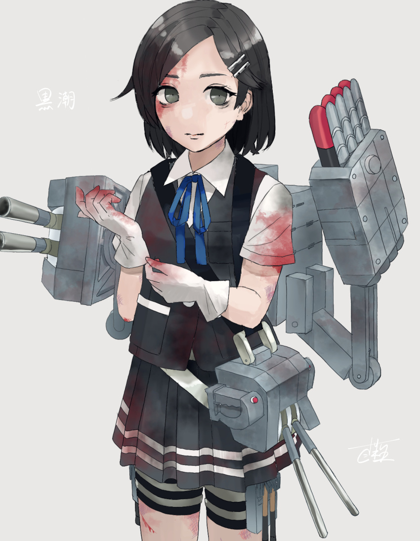 1girl absurdres bike_shorts black_eyes black_hair black_skirt black_vest blood blood_on_clothes blood_on_face blue_ribbon bonozako cannon cowboy_shot gloves hair_ornament hairclip highres kantai_collection kuroshio_(kancolle) miniskirt neck_ribbon pleated_skirt ribbon rigging school_uniform shirt short_hair short_sleeves shorts shorts_under_skirt skirt solo standing torpedo torpedo_launcher turret vest white_gloves white_shirt