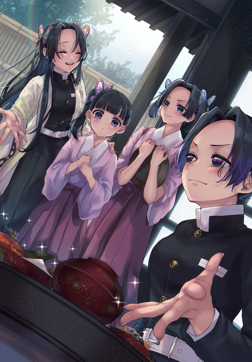 4girls absurdres bangs belt belt_buckle blue_eyes blunt_bangs blush bowl buckle butterfly_hair_ornament buttons closed_eyes closed_mouth commentary_request eyelashes fingernails green_eyes hair_ornament hakama hakama_pants hakama_skirt hand_on_another's_shoulder haori highres holding holding_tray japanese_clothes kanzaki_aoi_(kimetsu_no_yaiba) kimetsu_no_yaiba kochou_kanae kochou_shinobu lips long_hair long_sleeves looking_at_viewer maco_(crea-0328) multicolored_hair multiple_girls one_side_up open_mouth outstretched_arm pants parted_bangs pillar purple_hair school_uniform short_hair siblings sisters sitting skirt smile standing tray tsuyuri_kanao two-tone_hair two_side_up violet_eyes white_belt wide_sleeves younger