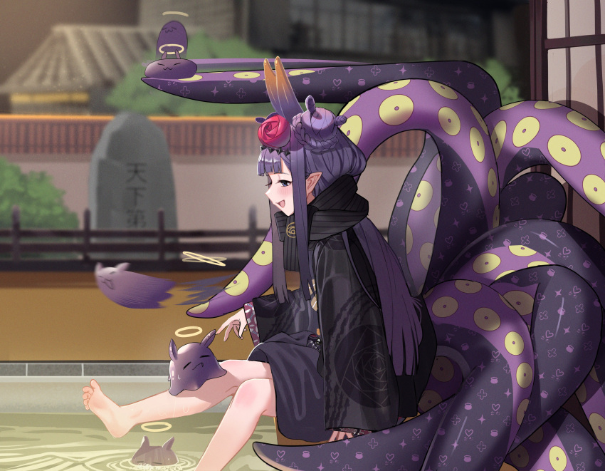 1girl :d absurdres bangs barefoot black_kimono black_scarf blue_eyes blunt_bangs commentary double_bun feet flower from_side hair_flower hair_ornament halo haori highres hololive hololive_english horns japanese_clothes jiki_(gkdlfnzo1245) kimono long_hair long_sleeves looking_away ninomae_ina'nis outdoors pointy_ears poolside profile purple_hair scarf smile soaking_feet solo symbol-only_commentary tako_(ninomae_ina'nis) tentacles unmoving_pattern virtual_youtuber water