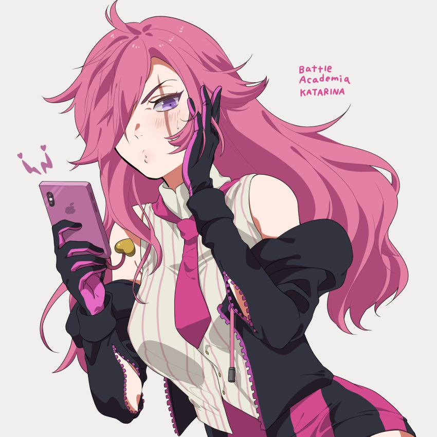 1girl ahoge bangs bare_shoulders battle_academia_katarina black_gloves black_jacket blue_eyes blush breasts character_name english_text gloves hair_over_one_eye highres hiyari_(hiyarilol) holding holding_phone jacket katarina_(league_of_legends) league_of_legends long_hair necktie off_shoulder official_alternate_costume open_clothes open_jacket phone pink_gloves pink_hair pink_necktie scar scar_across_eye scar_on_face shiny shiny_hair simple_background skirt solo striped striped_skirt two-tone_gloves white_background