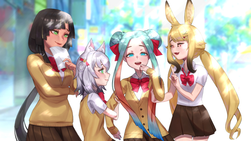 4girls absurdres animal_ears anon_non anon_non_(artist) aqua_eyes aqua_hair black_hair blonde_hair blue_eyes braid braided_bun clip_studio_paint_(medium) closed_eyes dark_skin fish_girl gradient_hair hair_ornament hairclip height_difference highres kamizuki_naki lamia looped_braids monster_girl multicolored_hair multiple_girls nagare_sara notched_ear painting prism_project rabbit_girl school_uniform silver_hair streaked_hair ushio_sumi virtual_youtuber wolf_girl