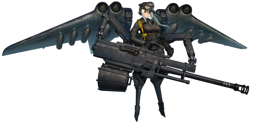 1girl autocannon black_gloves black_headwear black_jacket black_ribbon bomb breasts cannon chain_paradox closed_mouth full_body gloves goggles goggles_on_headwear hair_ribbon hat headphones hetza_(hellshock) highres holding holding_weapon jacket large_breasts leather leather_jacket long_sleeves looking_at_viewer mecha_musume mechanical_legs mechanical_wings military military_uniform necktie peaked_cap ponytail red_eyes ribbon sidelocks solo standing transparent_background uniform weapon white_hair wings
