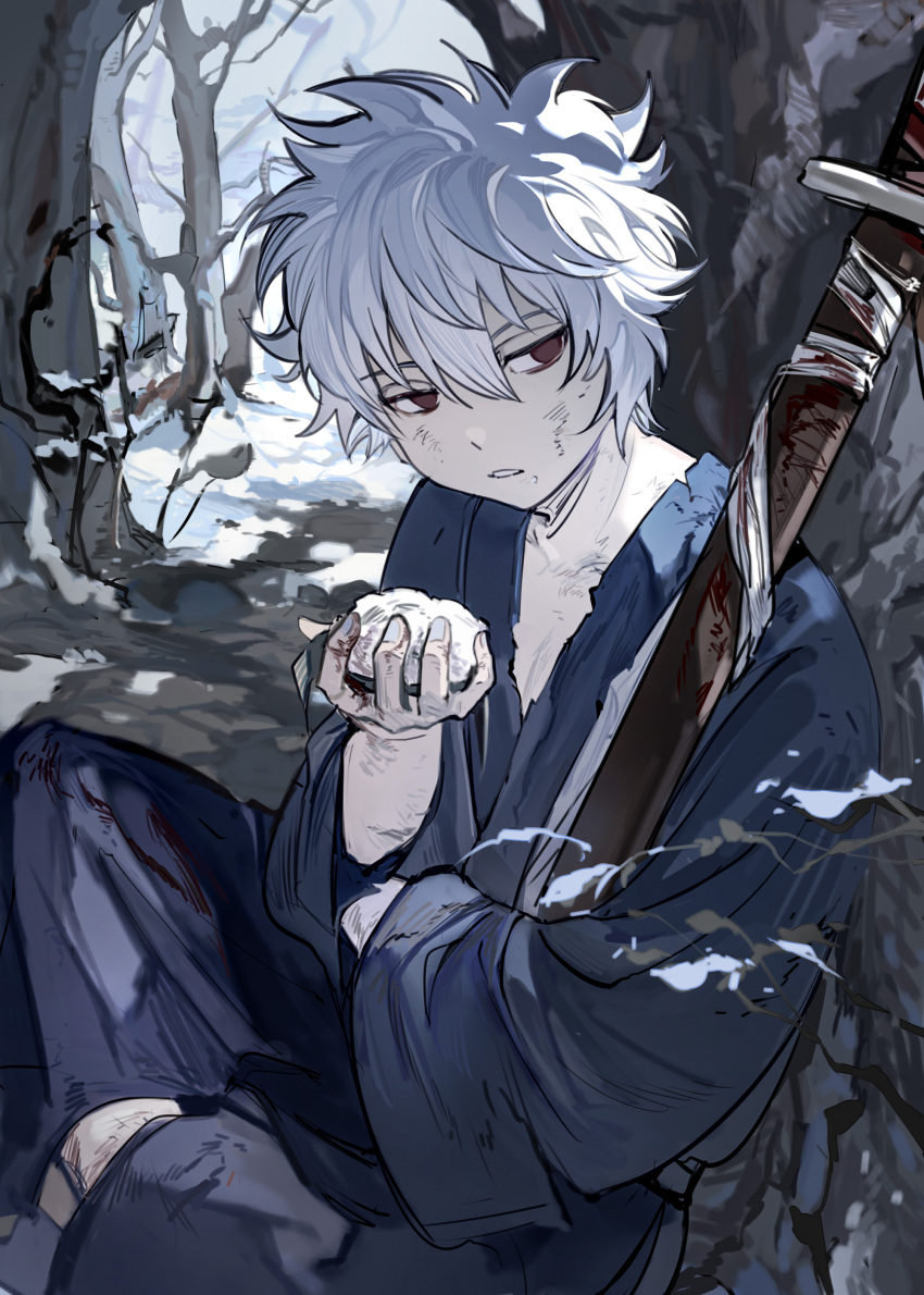 1boy absurdres bangs bare_tree blood blood_on_hands blue_kimono bruise bruise_on_face commentary gintama highres holding indian_style injury japanese_clothes kimono long_sleeves looking_away male_focus on_ground outdoors parted_lips qing_yu red_eyes sakata_gintoki sheath sheathed short_hair sitting snow solo sword tree weapon white_hair wide_sleeves