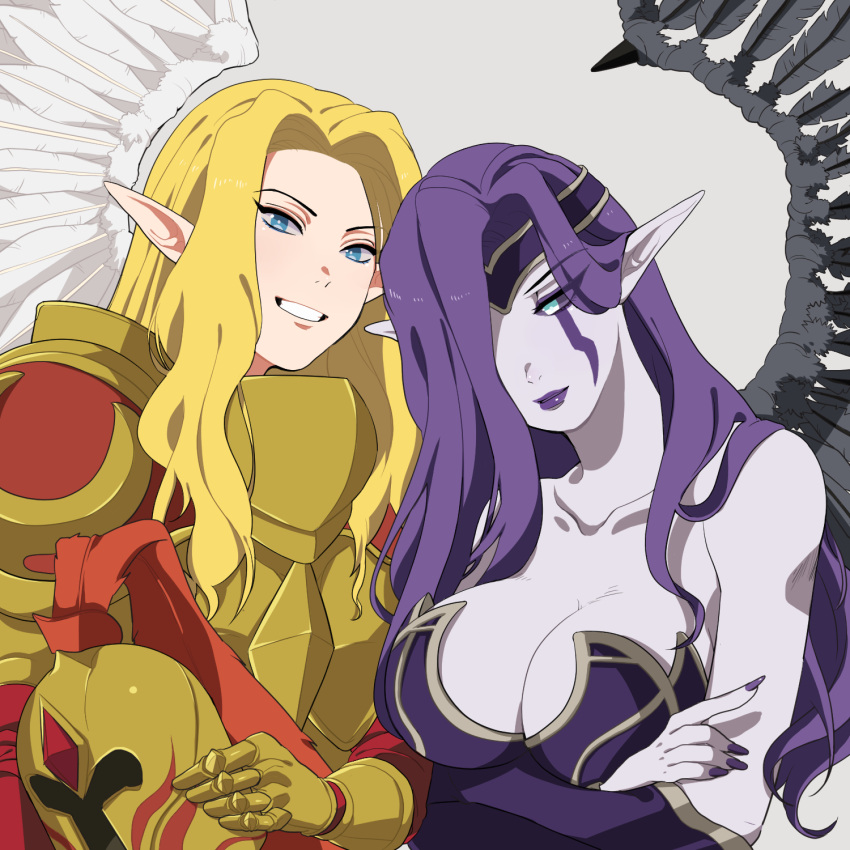 2girls angel_wings armor bangs blonde_hair blue_eyes breasts collarbone dress feathered_wings full_armor gold_armor grey_background grin hair_ornament helm helmet highres hiyari_(hiyarilol) holding holding_helmet kayle_(league_of_legends) large_breasts league_of_legends long_hair looking_at_viewer morgana_(league_of_legends) multiple_girls pointy_ears purple_dress purple_hair shiny shiny_hair siblings simple_background sisters smile teeth wings