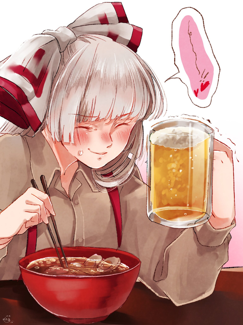 1girl alcohol beer beer_mug beige_shirt blush bow buttons chopsticks closed_eyes closed_mouth collared_shirt cup eyebrows_visible_through_hair food fujiwara_no_mokou gradient gradient_background hair_bow heart highres holding holding_chopsticks holding_cup long_hair long_sleeves mokoiscat mug noodles ramen shirt signature smile solo suspenders touhou white_hair yellow_bow