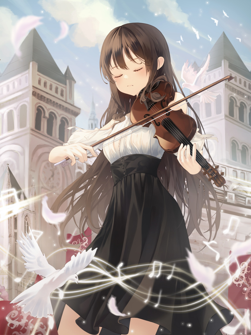 1girl absurdres bangs bird black_skirt brown_hair closed_eyes closed_mouth day dress_shirt floating_hair high-waist_skirt highres holding holding_instrument instrument long_hair long_skirt music original outdoors playing_instrument shirt short_sleeves skirt solo very_long_hair violin white_shirt yeolyeo