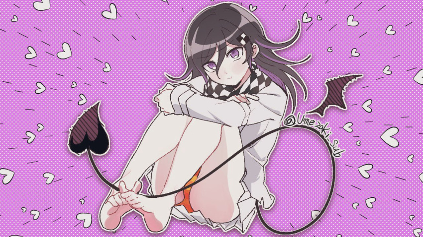 1girl bangs bare_legs barefoot black_hair black_scarf checkered_clothes checkered_scarf closed_mouth danganronpa_(series) danganronpa_v3:_killing_harmony demon_tail demon_wings djiru_(umezaki_sub) genderswap genderswap_(mtf) hair_ornament heart jacket long_hair long_sleeves multicolored_hair orange_panties ouma_kokichi outline panties pink_background pink_hair scarf simple_background skirt striped striped_panties tail twitter_username two-tone_hair underwear white_jacket white_outline white_scarf white_skirt wings