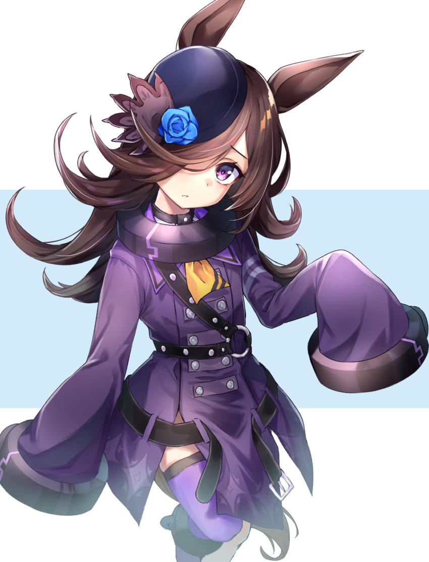 1girl animal_ears ankle_cuffs ascot belt belt_buckle blue_flower blue_headwear blue_rose brown_hair buckle buttons choker coat cosplay double-breasted flower hair_over_one_eye hat head_tilt highres hololive horse_ears horse_girl horse_tail la+_darknesss la+_darknesss_(cosplay) long_hair looking_at_viewer m.tokotsu o-ring_belt parted_lips purple_coat purple_legwear rice_shower_(umamusume) rose single_thighhigh sleeves_past_fingers sleeves_past_wrists solo tail thigh-highs umamusume violet_eyes yellow_ascot