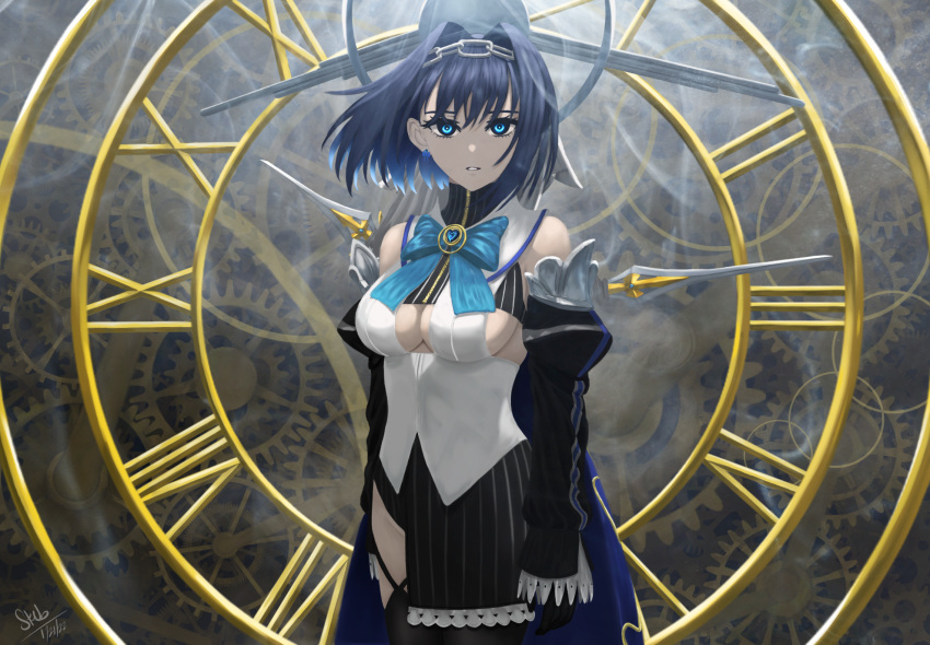 1girl asymmetrical_clothes bangs bare_shoulders black_hair blue_hair blue_ribbon bow bowtie breasts cleavage_cutout clock clockwork clothing_cutout colored_tips commentary detached_sleeves english_commentary glowing glowing_eyes hair_intakes heart-shaped_gem highres hololive hololive_english looking_at_viewer ouro_kronii ribbon sailor_collar short_hair sideboob signature steb upper_body virtual_youtuber
