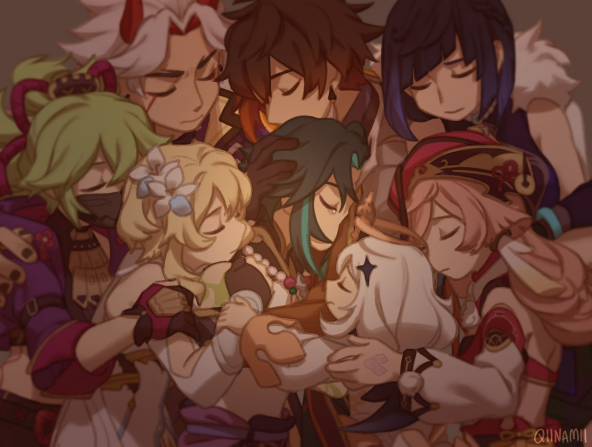 3boys 5girls antlers arataki_itto bangs bead_necklace beads black_gloves black_hair black_mask blonde_hair blue_hair brown_hair closed_eyes detached_sleeves diagonal_bangs dress earrings english_commentary facial_mark flower forehead_mark genshin_impact gloves green_hair group_hug hair_between_eyes hair_flower hair_ornament hat highres horns hug japanese_clothes jewelry kuki_shinobu lumine_(genshin_impact) mask mouth_mask multicolored_hair multiple_boys multiple_girls necklace ninja_mask paimon_(genshin_impact) pink_hair qiinamii red_headwear short_hair signature simple_background single_earring tassel tassel_earrings tears upper_body white_dress xiao_(genshin_impact) yanfei_(genshin_impact) yelan_(genshin_impact) zhongli_(genshin_impact)