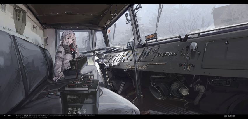 1girl battery blonde_hair chinese_commentary coat commentary dog_tags english_text forest grey_jacket grey_pants grey_sky haguruma_c highres jacket knit_hat long_hair maz-537 military military_vehicle nature original pants red_sweater side_mirror sitting steering_wheel sweater vehicle_interior viveka_(haguruma_c) windshield winter_clothes winter_coat