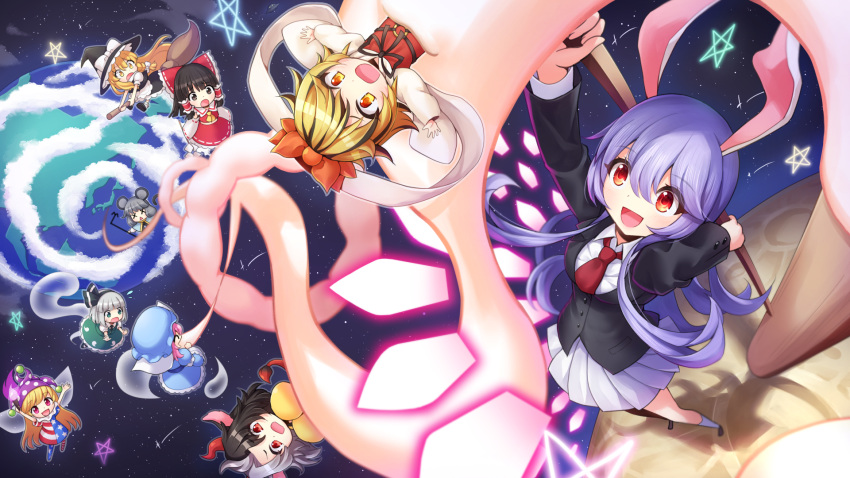 6+girls american_flag_dress american_flag_legwear animal_ears asymmetrical_clothes bangs blonde_hair blush chibi clownpiece commentary_request danmaku dowsing_rod eyelashes hakurei_reimu hat highres hitodama holding holding_mallet jester_cap kirisame_marisa konpaku_youmu long_hair long_sleeves mallet mochi moon mouse_ears mouse_girl mouse_tail multiple_girls naru_din nazrin neck_ruff open_mouth pantyhose purple_hair rabbit_ears red_eyes reisen_udongein_inaba saigyouji_yuyuko short_hair standing star_(symbol) tail toramaru_shou touhou ushizaki_urumi witch_hat x_x