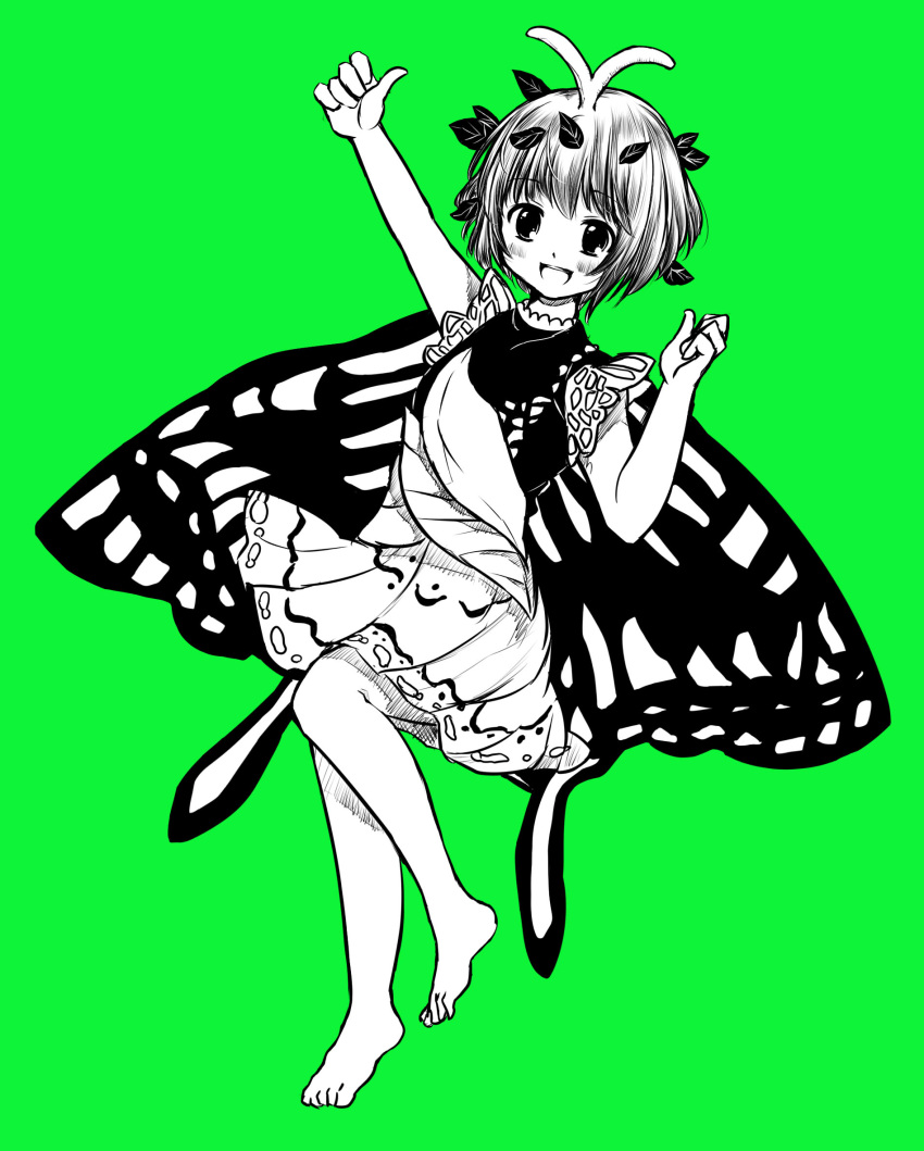 1girl antennae bad_anatomy bad_leg barefoot blush butterfly_wings dress eternity_larva eyebrows_visible_through_hair fairy gotou_eight green_background hair_between_eyes highres leaf leaf_on_head monochrome multicolored_clothes multicolored_dress open_mouth short_hair short_sleeves simple_background single_strap smile solo teeth touhou upper_teeth wings