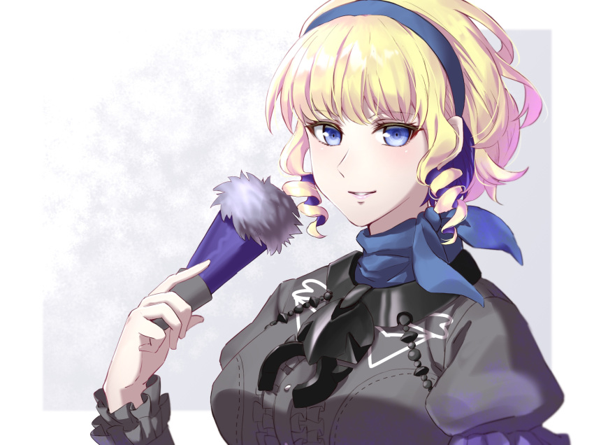 1girl 2021 bangs blonde_hair blue_eyes blue_hairband constance_von_nuvelle dated dress_shirt drill_hair eyebrows_visible_through_hair fire_emblem fire_emblem:_three_houses grey_shirt hairband happy_birthday highres holding long_sleeves looking_at_viewer multicolored_hair parted_lips purple_hair shinae shirt smile solo two-tone_hair upper_body