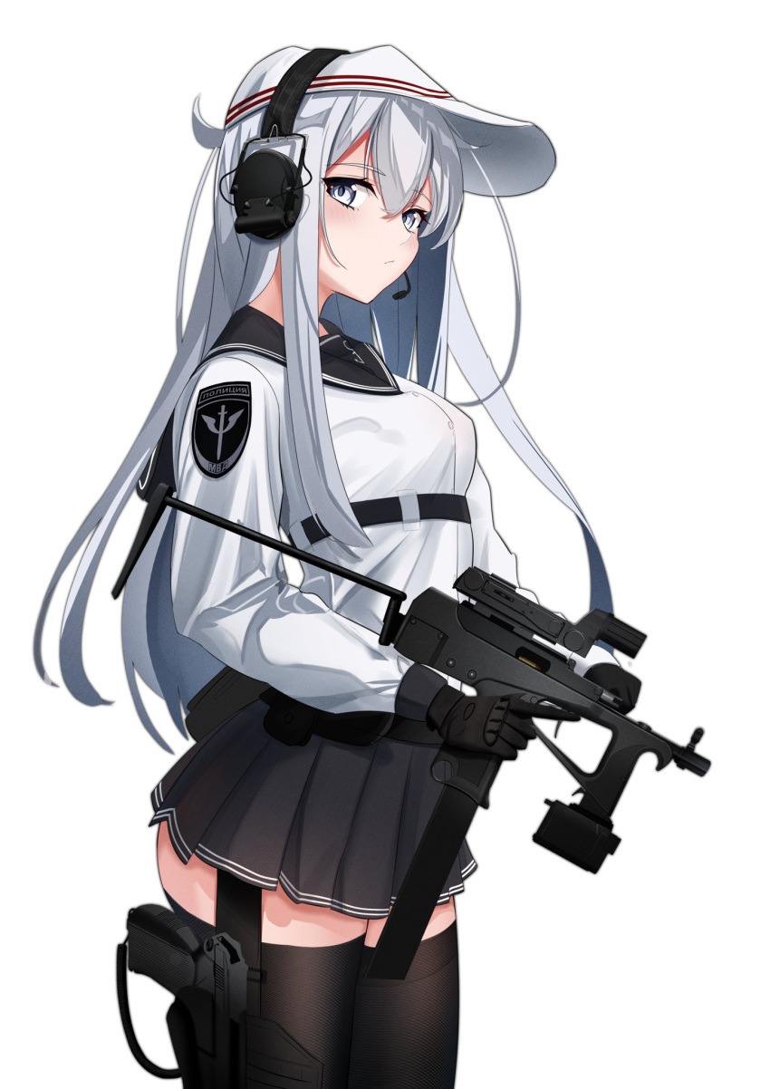 1girl blue_eyes blush closed_mouth eyebrows_visible_through_hair gun hair_between_eyes hat headphones hibiki_(kancolle) highres holding holding_gun holding_weapon kantai_collection long_hair rynn_(rynn_cube) silver_hair solo verniy_(kancolle) weapon white_headwear