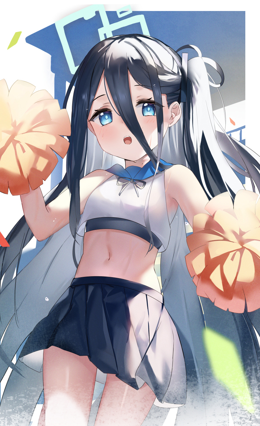 1girl :o absurdres arisu_(blue_archive) bangs bare_shoulders black_hair black_ribbon black_skirt blue_archive blue_eyes blush cheerleader commentary_request cowboy_shot crop_top derby_(dabidabi) hair_between_eyes hair_ribbon highres holding holding_pom_poms long_hair looking_at_viewer midriff miniskirt navel one_side_up pleated_skirt pom_pom_(cheerleading) ribbon skirt solo stomach very_long_hair