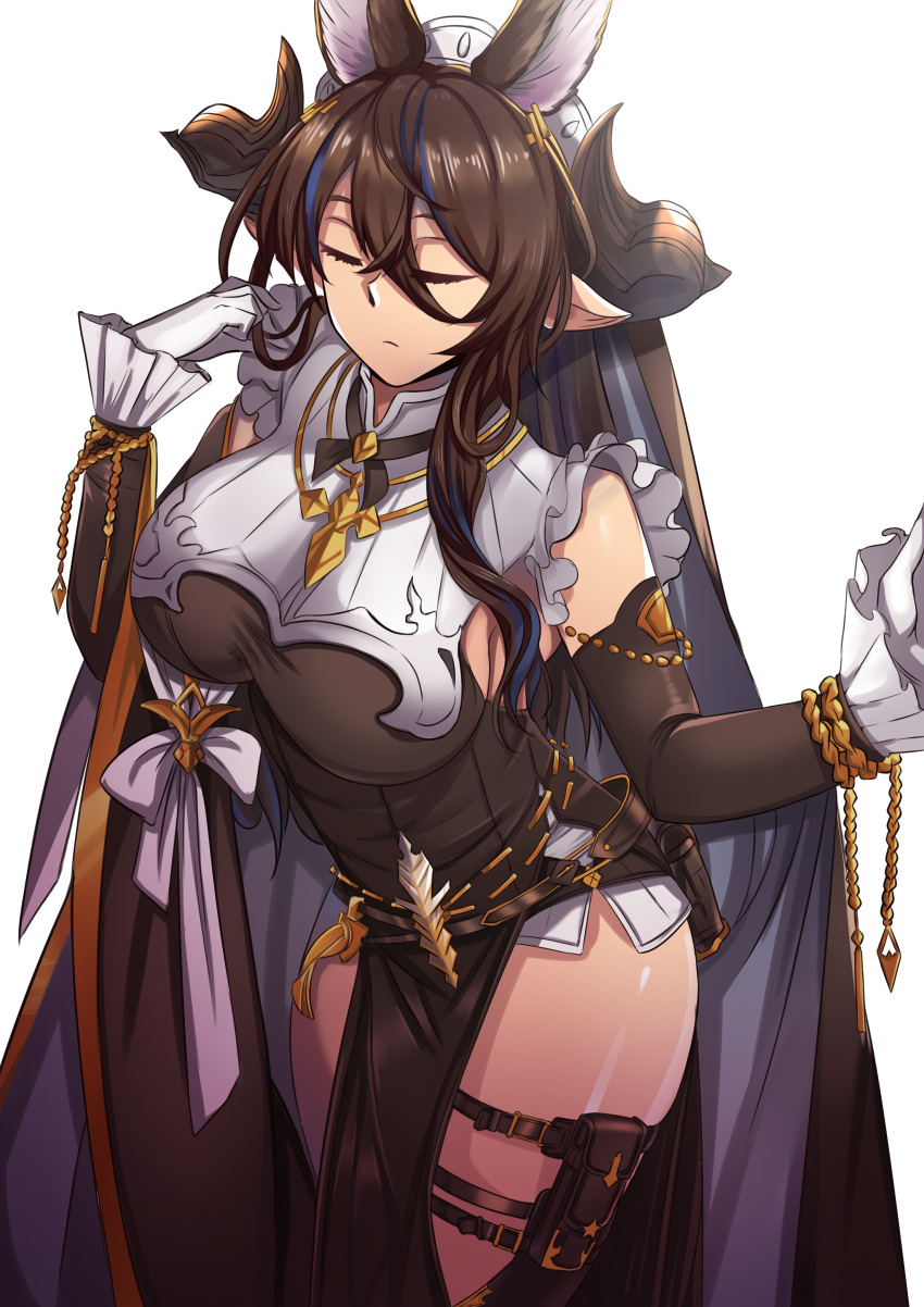 1girl absurdres animal_ears asymmetrical_clothes asymmetrical_hair breasts brown_hair closed_eyes cowboy_shot detached_sleeves expressionless extra_ears frilled_sleeves frills galleon_(granblue_fantasy) gloves granblue_fantasy highres horns large_breasts long_hair multicolored_hair pelvic_curtain pointy_ears shiny shiny_skin solo streaked_hair thighs very_long_hair wakkiau