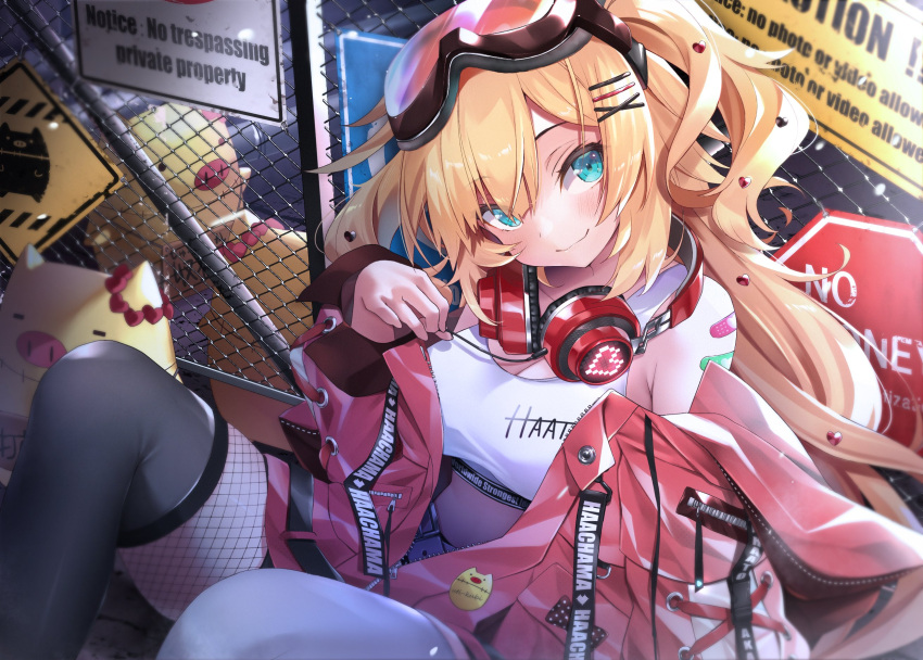 1girl akai_haato bandaid bandaid_on_arm bangs black_legwear blue_eyes blush breasts chain-link_fence closed_mouth clothes_writing commentary_request crop_top english_text fence fishnet_legwear fishnets goggles goggles_on_head haaton_(akai_haato) hair_between_eyes hair_ornament hairclip headphones headphones_around_neck heart heart_hair_ornament highres hololive jacket large_breasts long_hair long_sleeves looking_at_viewer makinan off_shoulder open_clothes open_jacket pantyhose red_jacket shirt sign single_leg_pantyhose single_thighhigh sleeveless sleeveless_shirt smile solo thigh-highs thighhighs_over_pantyhose two_side_up virtual_youtuber warning_sign x_hair_ornament