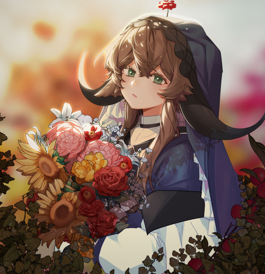 1girl arknights bangs blue_shirt blurry blurry_background blush bouquet cow_horns depth_of_field dokgo_die_docta_(d_o_t) eyebrows_visible_through_hair flower food fruit green_eyes highres holding holding_bouquet horns long_sleeves looking_at_viewer off_shoulder pallas_(arknights) parted_lips pink_flower plant red_flower red_rose rose shirt short_hair_with_long_locks sidelocks solo sunflower upper_body veil
