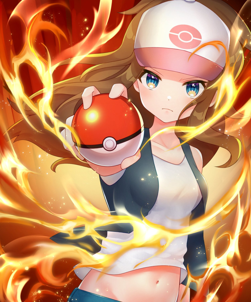 1girl baseball_cap black_vest blue_eyes brown_hair closed_mouth collarbone commentary denim denim_shorts fire frown hat highres hilda_(pokemon) holding holding_poke_ball long_hair looking_at_viewer navel outstretched_arm poke_ball poke_ball_(basic) pokemon pokemon_(game) pokemon_bw shirt shorts sidelocks sleeveless sleeveless_shirt solo takahara vest white_shirt