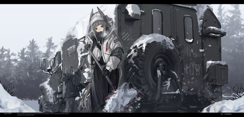 2girls beanie brown_eyes brown_hair chinese_commentary commentary_request dog_tags english_text forest ground_vehicle haguruma_c hat highres jacket letterboxed long_hair motor_vehicle multiple_girls nature original scarf shovel tree truck ural_4320 very_long_hair winter winter_clothes