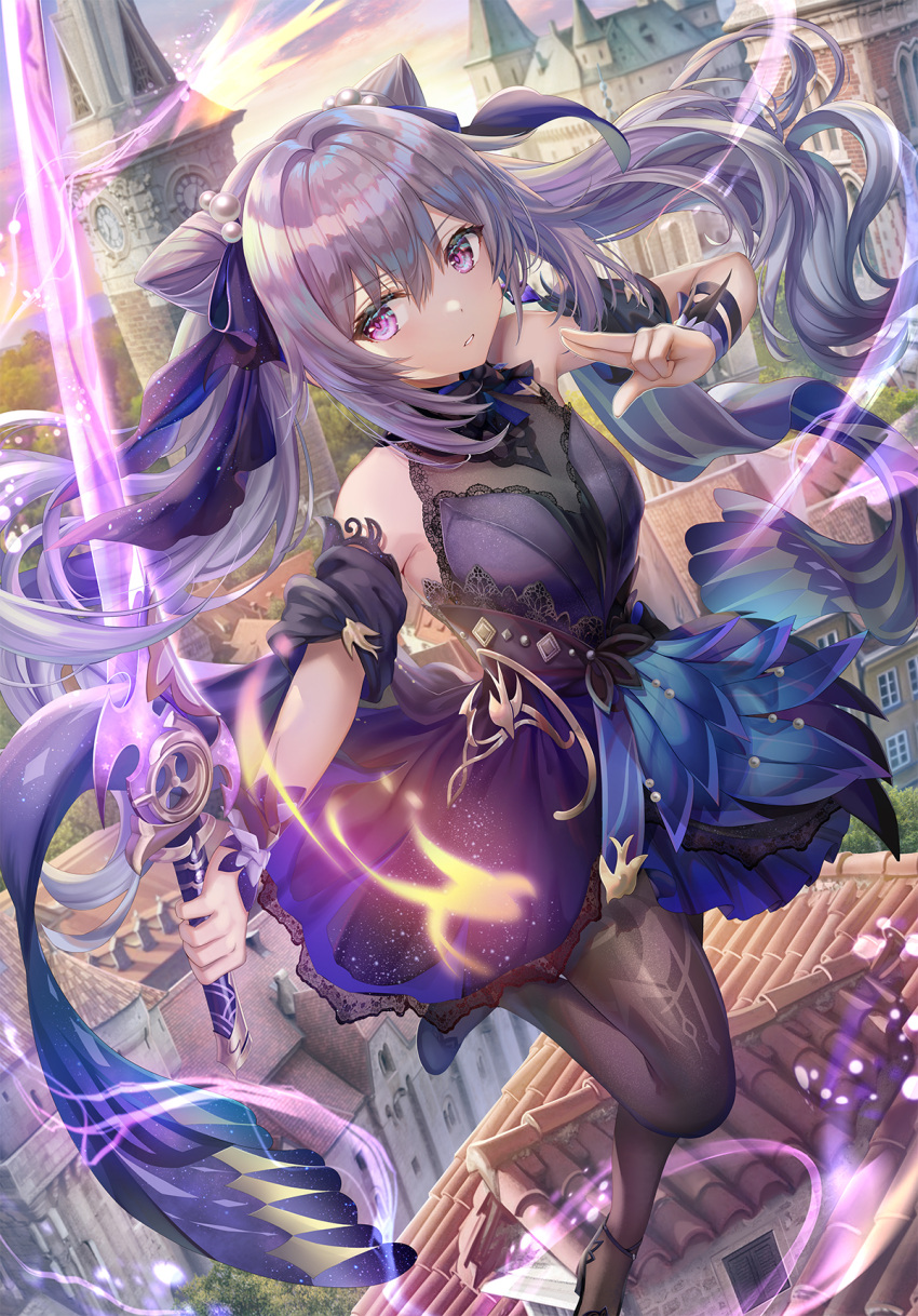 1girl bangs bare_shoulders city clock clock_tower commentary_request detached_sleeves dress eyebrows_visible_through_hair floating_hair genshin_impact hair_between_eyes hair_cones hair_ribbon highres holding holding_sword holding_weapon keqing_(genshin_impact) keqing_(opulent_splendor)_(genshin_impact) long_hair looking_at_viewer outdoors pantyhose parted_lips purple_dress purple_hair purple_ribbon ribbon short_sleeves sidelocks sleeveless sleeveless_dress solo sword torino_akua tower twintails very_long_hair violet_eyes weapon wrist_cuffs