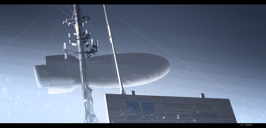 aircraft commentary dirigible haguruma_c highres letterboxed no_humans original outdoors signpost transmission_tower