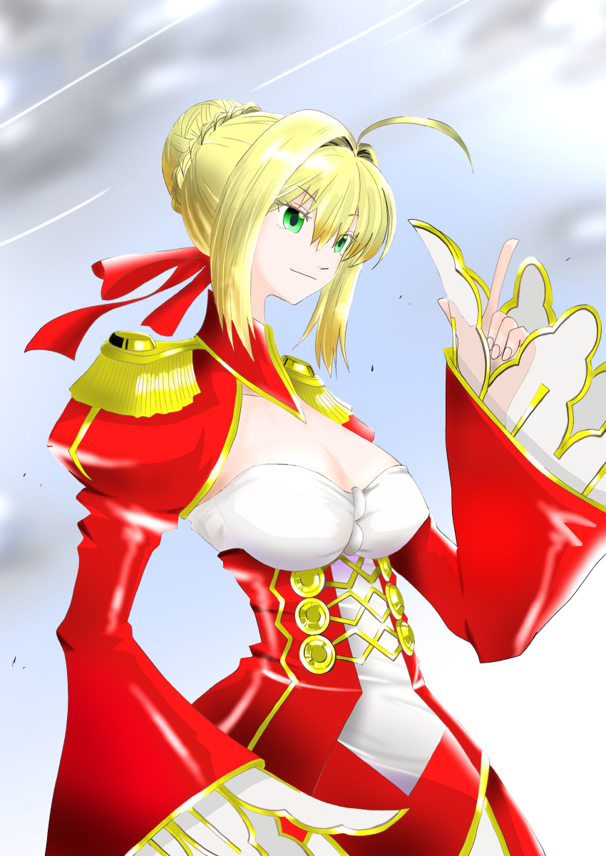 1girl ahoge blonde_hair braid breasts cleavage commentary_request dress epaulettes fate/extra fate/grand_order fate_(series) french_braid green_eyes hair_intakes hair_ribbon juliet_sleeves kxghi5rxbz1rn3a large_breasts long_sleeves nero_claudius_(fate) nero_claudius_(fate)_(all) puffy_sleeves red_dress red_ribbon ribbon saber_extra see-through solo wide_sleeves