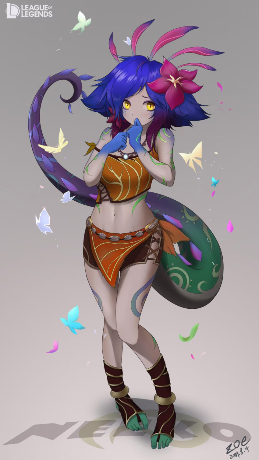 1girl artist_name bangs bare_shoulders blue_hair blue_skin breasts bug butterfly colored_skin commentary copyright_name dated flower grey_skin hair_flower hair_ornament hands_up highres league_of_legends lizard_tail looking_at_viewer medium_hair midriff monster_girl multicolored_hair navel neeko_(league_of_legends) pink_flower reptile_girl slit_pupils small_breasts solo standing tail vastaya vegefish yellow_eyes