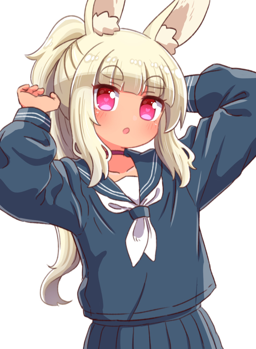 1girl :o animal_ear_fluff animal_ears arms_up bangs blonde_hair blue_sailor_collar blue_serafuku blue_shirt blue_skirt blunt_bangs blush bright_pupils choker collarbone cowboy_shot double_horizontal_stripe eyebrows_visible_through_hair flipped_hair heart heart-shaped_pupils highres long_hair long_sleeves looking_at_viewer masurao_(sekaiju) masurao_2_(sekaiju) naga_u neckerchief open_mouth pleated_skirt ponytail rabbit_ears red_choker red_eyes sailor_collar sekaiju_no_meikyuu sekaiju_no_meikyuu_5 shirt sidelocks simple_background skirt solo symbol-shaped_pupils thick_eyebrows very_long_hair white_background white_neckerchief