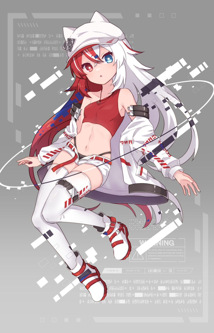 1girl blue_eyes cat_ears grey_hair hat heterochromia japanese_text looking_at_viewer necklace original red_eyes red_hair short_shorts skeb_commission sleeveless twintails warning_sign white_hair white_jacket