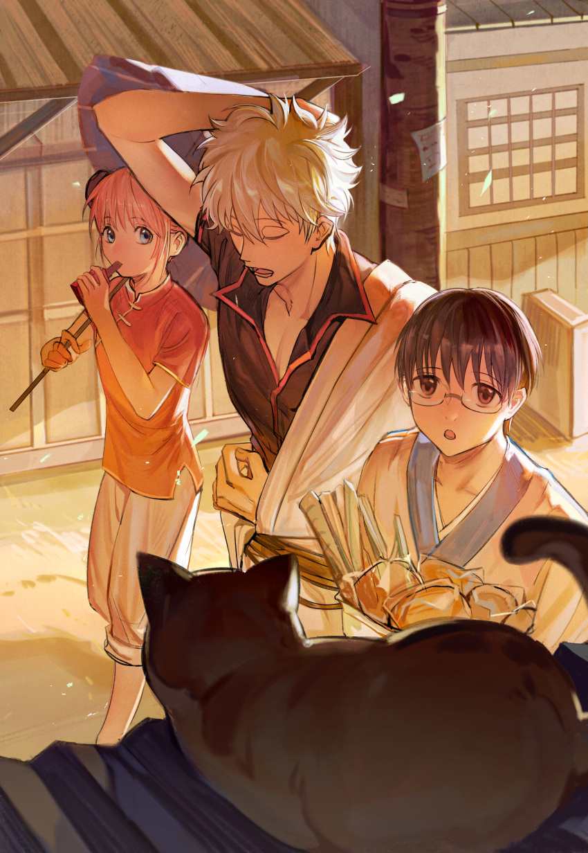 1girl 2boys absurdres bangs black_cat black_hair blue_eyes cat chinese_clothes chinese_commentary closed_eyes collared_shirt commentary_request eating food gintama glasses hand_in_hair highres holding holding_food holding_umbrella japanese_clothes kagura_(gintama) kimono looking_at_another looking_at_viewer multiple_boys oil-paper_umbrella open_mouth orange_hair outdoors purple_umbrella qing_yu red_eyes sakata_gintoki shimura_shinpachi shirt short_hair short_sleeves umbrella walking white_kimono