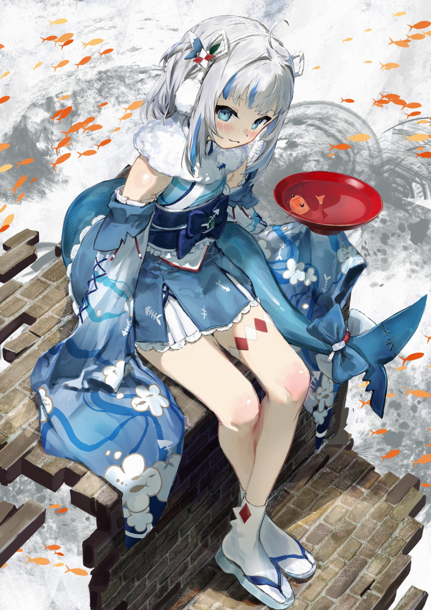 1girl absurdres bangs blue_eyes blue_hair blue_kimono blush closed_mouth commentary_request crossed_ankles earmuffs fish fish_tail full_body fur_collar gawr_gura hair_ornament highres hirooriginals hololive hololive_english japanese_clothes kimono long_sleeves looking_at_viewer multicolored_hair obi sandals sash shark_tail short_hair shrimp silver_hair sitting sleeves_past_fingers sleeves_past_wrists socks solo streaked_hair tail two_side_up virtual_youtuber white_legwear