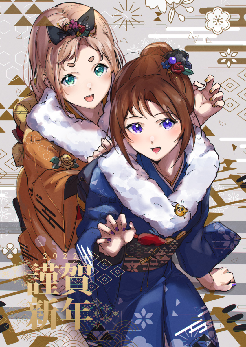 2022 2girls :d arm_support bangs blonde_hair blue_kimono blush brown_hair floral_print flower green_eyes hair_flower hair_ornament hand_up hands_up happy_new_year hibike!_euphonium highres japanese_clothes kanzashi kimono kuziaaizuk long_hair long_sleeves looking_at_viewer multiple_girls nakagawa_natsuki new_year obi open_mouth orange_kimono ponytail sash sitting smile violet_eyes yoshikawa_yuuko